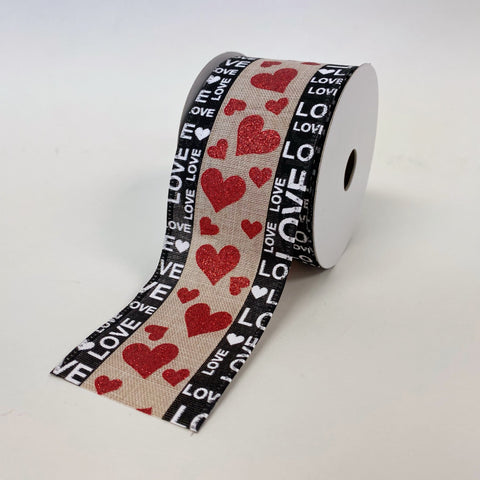 Natural Linen Black Edge Love Hearts Ribbon ( W: 2-1/2 Inch | L: 10 Yards ) FuzzyFabric - Wholesale Ribbons, Tulle Fabric, Wreath Deco Mesh Supplies