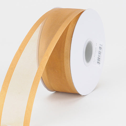Old Gold - Organza Ribbon Two Striped Satin Edge - ( W: 3/8 Inch | L: 25 Yards ) FuzzyFabric - Wholesale Ribbons, Tulle Fabric, Wreath Deco Mesh Supplies