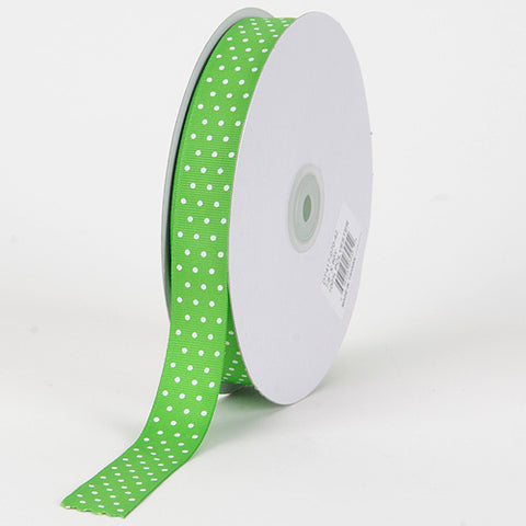 Apple Green with White Dots - Grosgrain Ribbon Swiss Dot - ( W: 3/8 Inch | L: 50 Yards ) FuzzyFabric - Wholesale Ribbons, Tulle Fabric, Wreath Deco Mesh Supplies