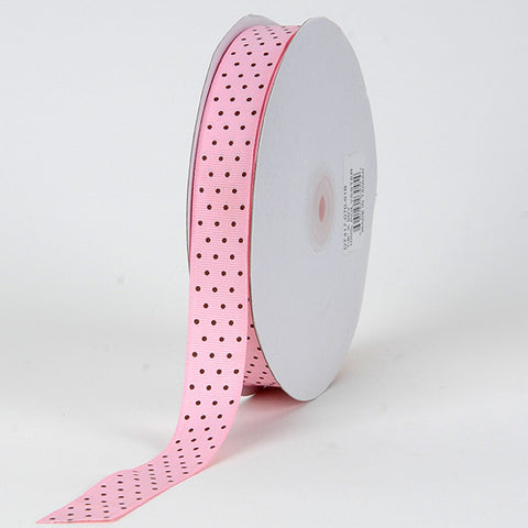 Light Pink with Chocolate Dots - Grosgrain Ribbon Swiss Dot - ( W: 3/8 Inch | L: 50 Yards ) FuzzyFabric - Wholesale Ribbons, Tulle Fabric, Wreath Deco Mesh Supplies