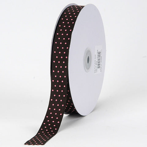 Chocolate with Pink Dots - Grosgrain Ribbon Swiss Dot - ( W: 5/8 Inch | L: 50 Yards ) FuzzyFabric - Wholesale Ribbons, Tulle Fabric, Wreath Deco Mesh Supplies