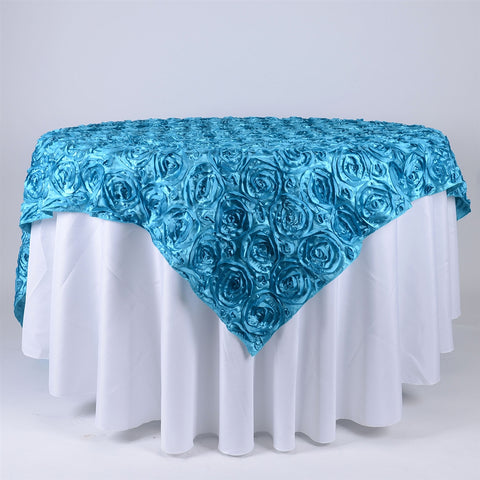 Turquoise - 85 x 85 inch Rosette Satin Square Table Overlays FuzzyFabric - Wholesale Ribbons, Tulle Fabric, Wreath Deco Mesh Supplies