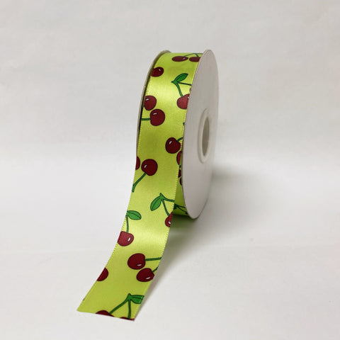 Satin Ribbon Cherry Design - ( W: 7/8 Inch | L: 25 Yards ) - 90140505 FuzzyFabric - Wholesale Ribbons, Tulle Fabric, Wreath Deco Mesh Supplies