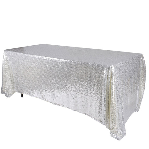 Silver - 90 x 156 inch Duchess Sequin Rectangle Tablecloths FuzzyFabric - Wholesale Ribbons, Tulle Fabric, Wreath Deco Mesh Supplies