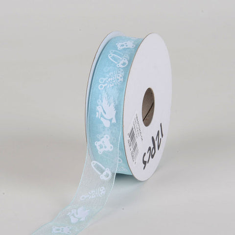 Light Blue Baby Print Organza Ribbon - ( W: 7/8 Inch | L: 25 Yards ) FuzzyFabric - Wholesale Ribbons, Tulle Fabric, Wreath Deco Mesh Supplies