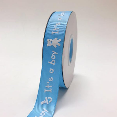Blue - It's a boy - Grosgrain Ribbon Baby  Design ( W: 7/8 inch | L: 25 Yards ) FuzzyFabric - Wholesale Ribbons, Tulle Fabric, Wreath Deco Mesh Supplies