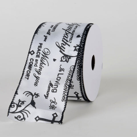 White Black Satin Sympathy Script Ribbon (2.5 Inch x 10 Yards ) FuzzyFabric - Wholesale Ribbons, Tulle Fabric, Wreath Deco Mesh Supplies
