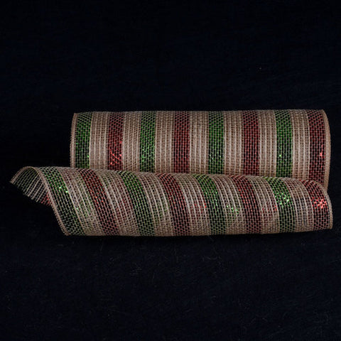 Natural Burlap Deco Mesh With Wider Red Green Metallic Stripes - 10 Inch x 10 Yards FuzzyFabric - Wholesale Ribbons, Tulle Fabric, Wreath Deco Mesh Supplies