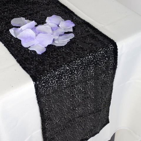 Black - 12 x 108 Inch Duchess Sequin Table Runners FuzzyFabric - Wholesale Ribbons, Tulle Fabric, Wreath Deco Mesh Supplies