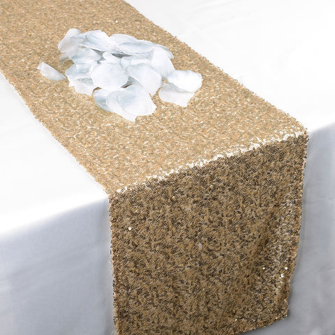 Champagne - 12 x 108 Inch Duchess Sequin Table Runners FuzzyFabric - Wholesale Ribbons, Tulle Fabric, Wreath Deco Mesh Supplies