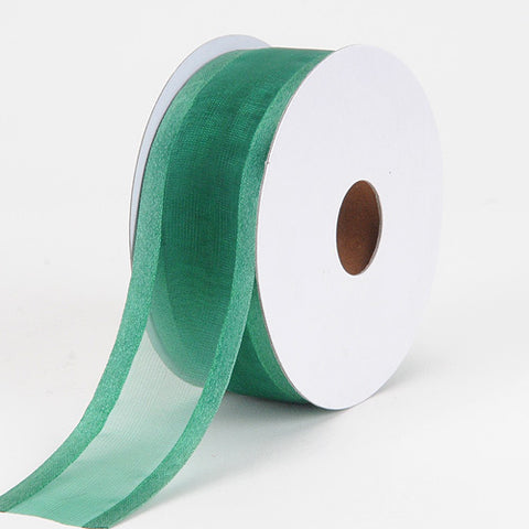 Hunter Green - Organza Ribbon Two Striped Satin Edge - ( W: 7/8 Inch | L: 25 Yards ) FuzzyFabric - Wholesale Ribbons, Tulle Fabric, Wreath Deco Mesh Supplies