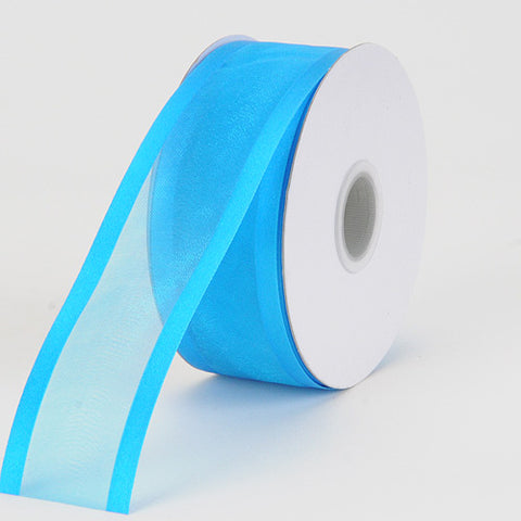 Turquoise - Organza Ribbon Two Striped Satin Edge - ( W: 5/8 Inch | L: 25 Yards ) FuzzyFabric - Wholesale Ribbons, Tulle Fabric, Wreath Deco Mesh Supplies