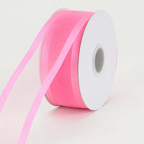 Hot Pink - Organza Ribbon Two Striped Satin Edge - ( W: 5/8 Inch | L: 25 Yards ) FuzzyFabric - Wholesale Ribbons, Tulle Fabric, Wreath Deco Mesh Supplies