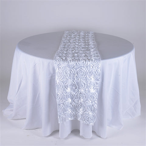 White - 14 x 108 Inch Rosette Satin Table Runners FuzzyFabric - Wholesale Ribbons, Tulle Fabric, Wreath Deco Mesh Supplies