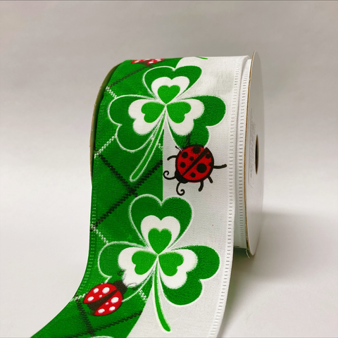 White Satin Clovers and Friends Ribbon - 2.5 Inch x 10 Yards FuzzyFabric - Wholesale Ribbons, Tulle Fabric, Wreath Deco Mesh Supplies