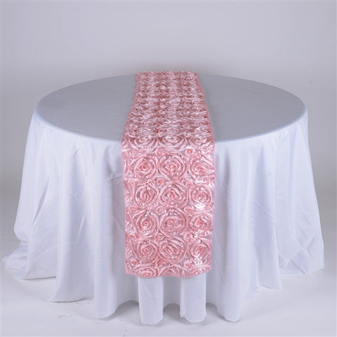 Pink - 14 x 108 Inch Rosette Satin Table Runners FuzzyFabric - Wholesale Ribbons, Tulle Fabric, Wreath Deco Mesh Supplies