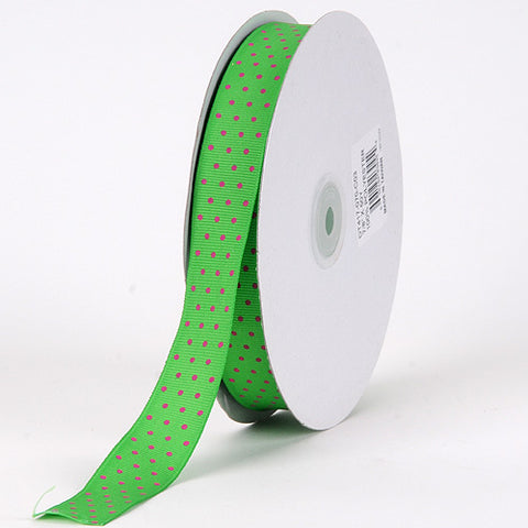 Emerald with Fuchsia Dots - Grosgrain Ribbon Swiss Dot - ( W: 7/8 Inch | L: 50 Yards ) FuzzyFabric - Wholesale Ribbons, Tulle Fabric, Wreath Deco Mesh Supplies
