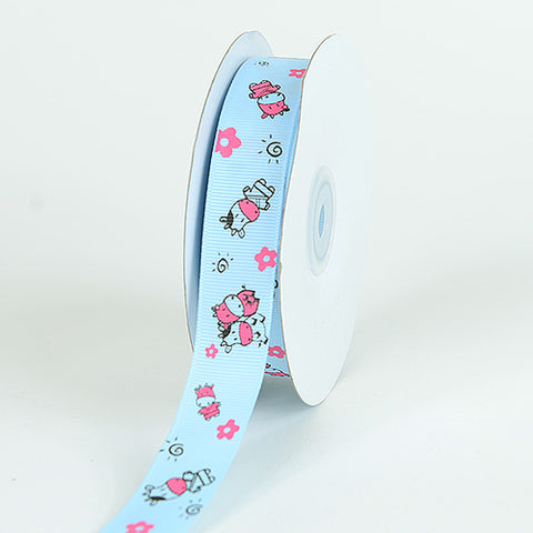 Light Blue - Grosgrain Ribbon MooMoo Cow Print - ( W: 7/8 Inch | L: 25 Yards ) FuzzyFabric - Wholesale Ribbons, Tulle Fabric, Wreath Deco Mesh Supplies