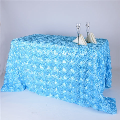 Light Blue - 90 x 156 inch Rosette Rectangle Tablecloths FuzzyFabric - Wholesale Ribbons, Tulle Fabric, Wreath Deco Mesh Supplies