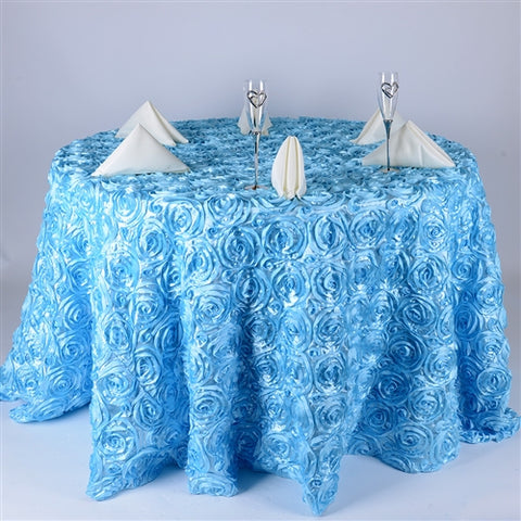 Light Blue - 132 inch Rosette Satin Round Tablecloths FuzzyFabric - Wholesale Ribbons, Tulle Fabric, Wreath Deco Mesh Supplies