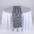 Silver - 14 x 108 Inch Rosette Satin Table Runners FuzzyFabric - Wholesale Ribbons, Tulle Fabric, Wreath Deco Mesh Supplies