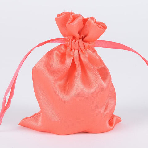 Coral  - Satin Bags - ( 3x4 Inch - 10 Bags ) FuzzyFabric - Wholesale Ribbons, Tulle Fabric, Wreath Deco Mesh Supplies