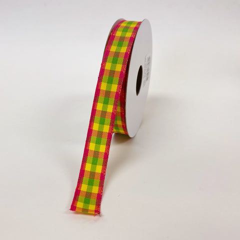Green Yellow Fuchsia Classica Chex Ribbon - ( 5/8 Inch x 10 Yards ) FuzzyFabric - Wholesale Ribbons, Tulle Fabric, Wreath Deco Mesh Supplies