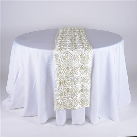 Ivory - 14 x 108 Inch Rosette Satin Table Runners FuzzyFabric - Wholesale Ribbons, Tulle Fabric, Wreath Deco Mesh Supplies