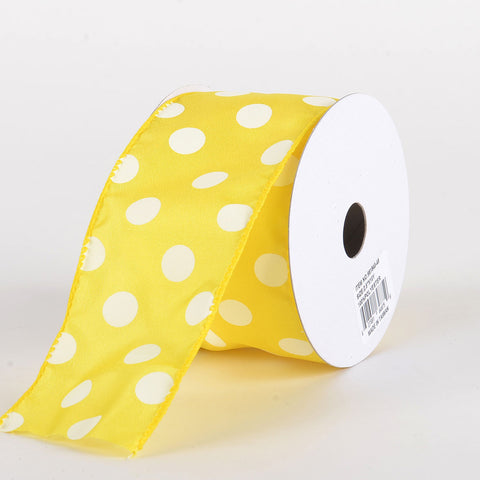 Satin Polka Dot Ribbon Wired Yellow with White Dots ( W: 1-1/2 inch | L: 10 Yards ) FuzzyFabric - Wholesale Ribbons, Tulle Fabric, Wreath Deco Mesh Supplies