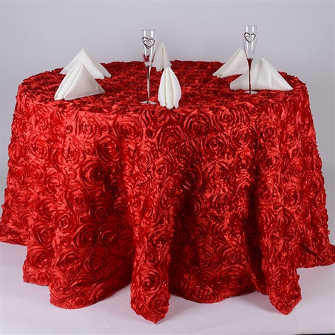 Red - 132 inch Rosette Satin Round Tablecloths FuzzyFabric - Wholesale Ribbons, Tulle Fabric, Wreath Deco Mesh Supplies