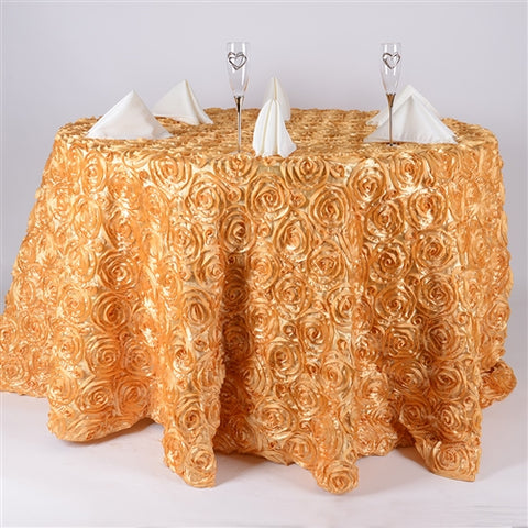 Gold - 132 inch Rosette Satin Round Tablecloths FuzzyFabric - Wholesale Ribbons, Tulle Fabric, Wreath Deco Mesh Supplies