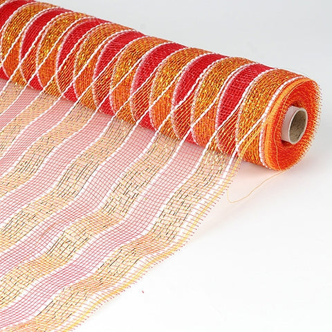 Red with Gold - Poly Deco Mesh Wrap with Laser Mono Stripe ( 21 Inch x 10 Yards ) FuzzyFabric - Wholesale Ribbons, Tulle Fabric, Wreath Deco Mesh Supplies