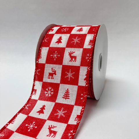 Red White Christmas Icon Buffalo Chex Ribbon - 2-1/2 Inch x 10 Yards FuzzyFabric - Wholesale Ribbons, Tulle Fabric, Wreath Deco Mesh Supplies