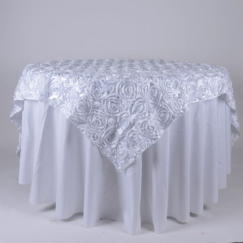 White - 72 x 72 Inch Rosette Square Table Overlays FuzzyFabric - Wholesale Ribbons, Tulle Fabric, Wreath Deco Mesh Supplies