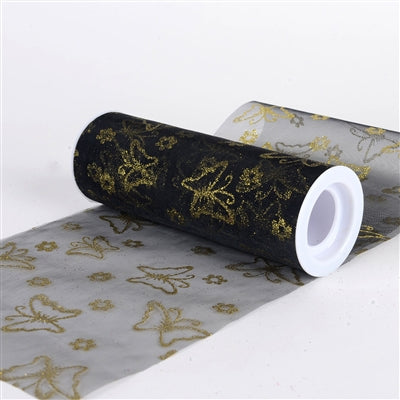 Black - Glitter Butterfly Organza Roll ( W: 6 inch | L: 10 Yards ) FuzzyFabric - Wholesale Ribbons, Tulle Fabric, Wreath Deco Mesh Supplies