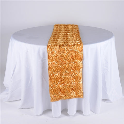 Gold - 14 x 108 Inch Rosette Satin Table Runners FuzzyFabric - Wholesale Ribbons, Tulle Fabric, Wreath Deco Mesh Supplies