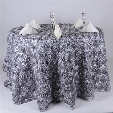 Silver - 132 inch Rosette Satin Round Tablecloths FuzzyFabric - Wholesale Ribbons, Tulle Fabric, Wreath Deco Mesh Supplies