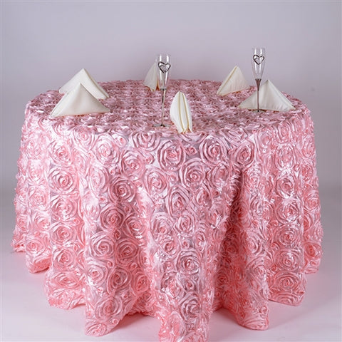 Pink - 132 inch Rosette Satin Round Tablecloths FuzzyFabric - Wholesale Ribbons, Tulle Fabric, Wreath Deco Mesh Supplies