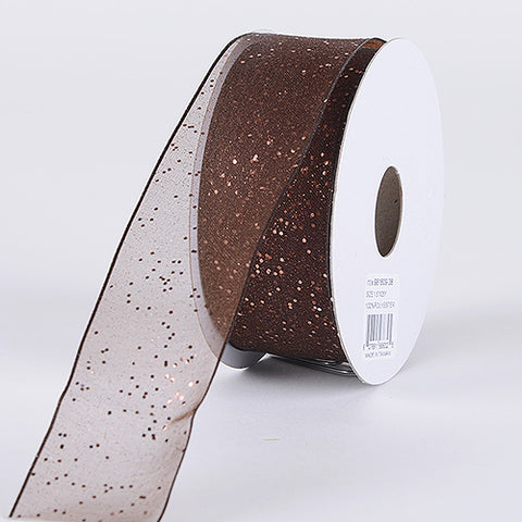 Chocolate Brown - Organza Ribbon with Glitters Wired Edge - ( W: 5/8 Inch | L: 25 Yards ) FuzzyFabric - Wholesale Ribbons, Tulle Fabric, Wreath Deco Mesh Supplies