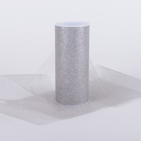 Silver - Premium Glitter Tulle Fabric ( W: 6 Inch | L: 10 Yards ) FuzzyFabric - Wholesale Ribbons, Tulle Fabric, Wreath Deco Mesh Supplies