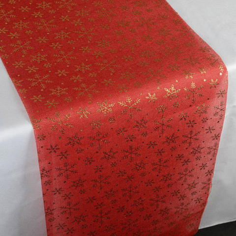 Golden Snowflake Red Faux - 14 x 108 inch Burlap Table Runner FuzzyFabric - Wholesale Ribbons, Tulle Fabric, Wreath Deco Mesh Supplies