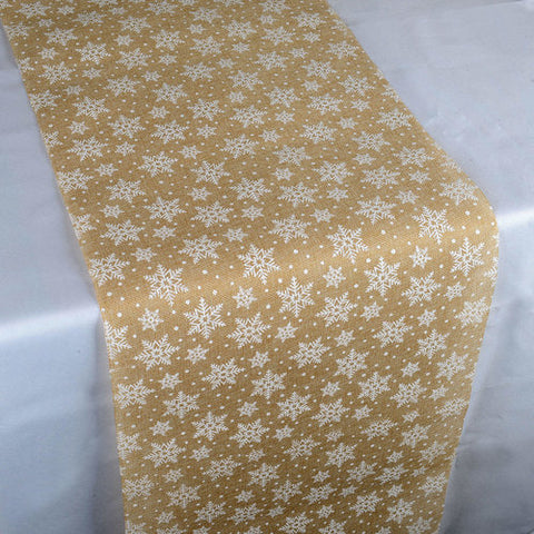 Natural White Snowflake Design Faux Burlap Table Runner ( 14 inch x 108 inches ) FuzzyFabric - Wholesale Ribbons, Tulle Fabric, Wreath Deco Mesh Supplies