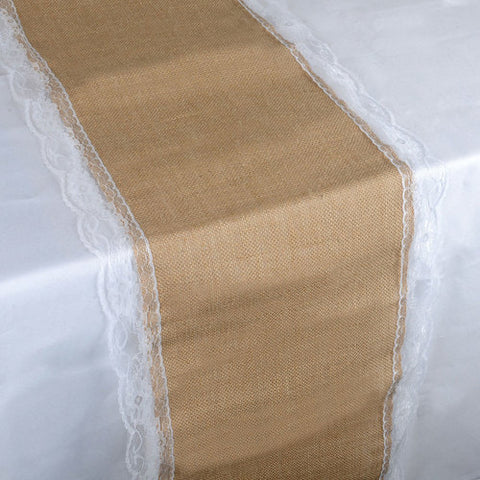 Natural Lace Edge Faux Burlap Jute Table Runner ( 14 inch x 108 inches ) FuzzyFabric - Wholesale Ribbons, Tulle Fabric, Wreath Deco Mesh Supplies