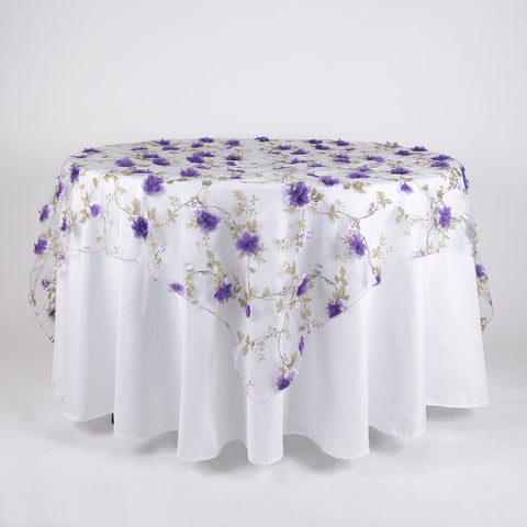 Purple - 72 x 72 Inch Organza with 3D Roses Table Overlay FuzzyFabric - Wholesale Ribbons, Tulle Fabric, Wreath Deco Mesh Supplies