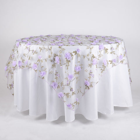 Lavender - 72 x 72 Inch Organza with 3D Roses Table Overlay FuzzyFabric - Wholesale Ribbons, Tulle Fabric, Wreath Deco Mesh Supplies