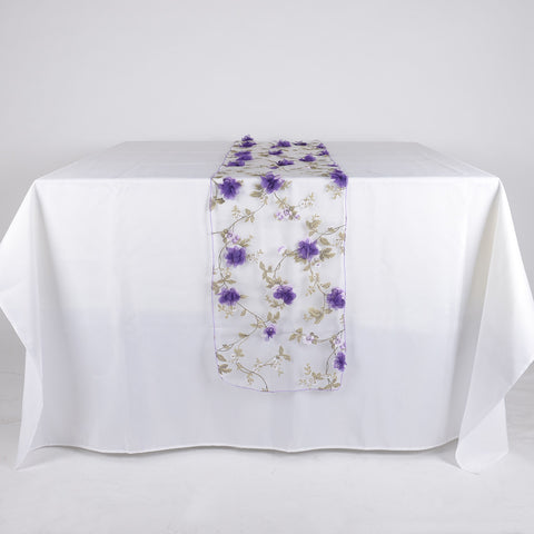 Purple - 14 x 108 Inch Organza with 3D Roses Table Runner FuzzyFabric - Wholesale Ribbons, Tulle Fabric, Wreath Deco Mesh Supplies