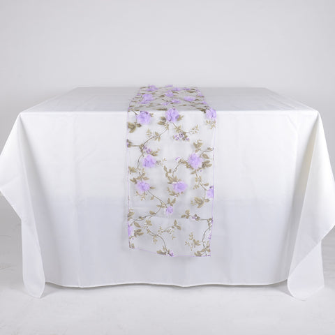 Lavender - 14 x 108 Inch Organza with 3D Roses Table Runner FuzzyFabric - Wholesale Ribbons, Tulle Fabric, Wreath Deco Mesh Supplies