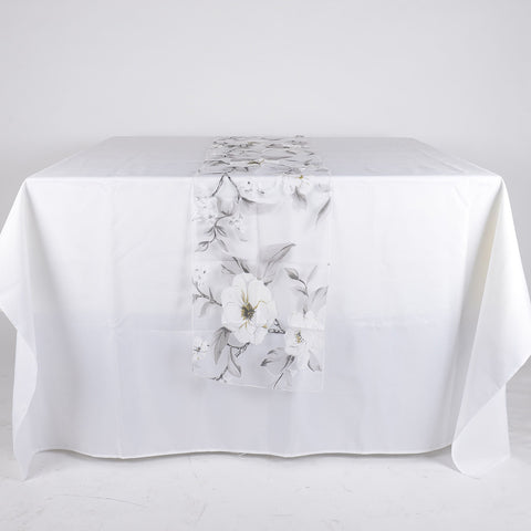 White - 14  x 108 Inch Organza with Flower Print Table Runner FuzzyFabric - Wholesale Ribbons, Tulle Fabric, Wreath Deco Mesh Supplies