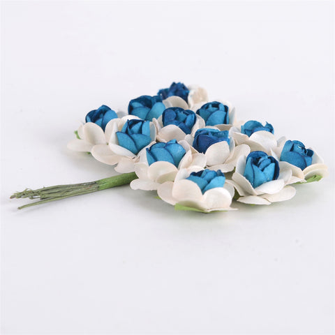 12 Paper Flowers Ivory w. Dark Turquoise Paper Rose Flowers (12x12) FuzzyFabric - Wholesale Ribbons, Tulle Fabric, Wreath Deco Mesh Supplies