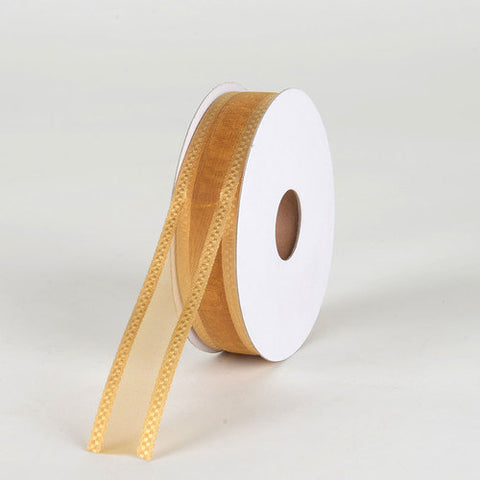 Old Gold - Organza Check Edge Ribbon - ( W: 7/8 Inch | L: 25 Yards ) FuzzyFabric - Wholesale Ribbons, Tulle Fabric, Wreath Deco Mesh Supplies